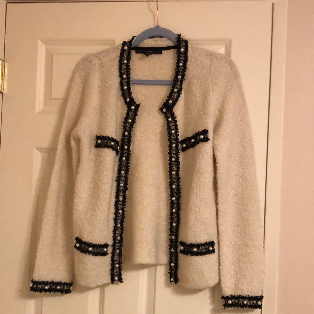 Cream Sweater Black Lace and Pearl Accent